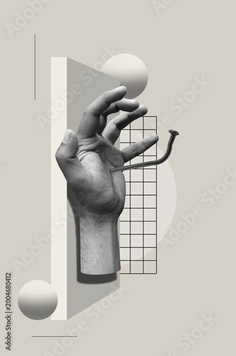 Принти на полотні Collage art in surrealism with a nailed hand