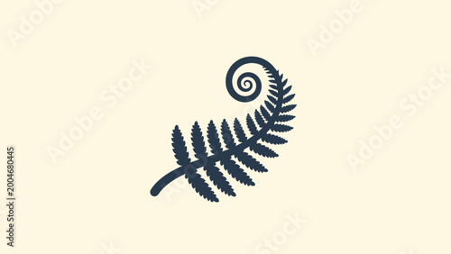 Silhouette of a dark blue fern frond unfurling against a pale yellow background