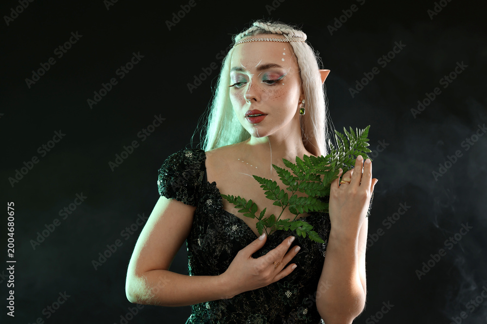 Fototapeta premium Beautiful elf girl with floral decor on black background with smoke