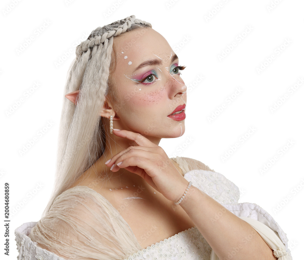 Fototapeta premium Beautiful girl dressed as elf on white background