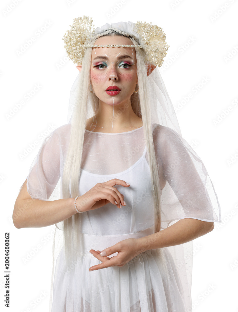 Fototapeta premium Portrait of beautiful elf girl on white background