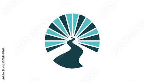 A stylized river flows into an arched, sunburst-like design of teal and dark blue rays