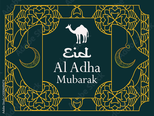 Elegant Eid al Adha Mubarak Islamic Background with Camel, Crescent Moon and Ornamental Pattern