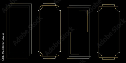Golden thin frame set. Gold geometric borders in art deco style. Thin linear radiance rectangular shape collection. Yellow glowing shiny boarder element pack. Vector bundle for photo, cadre, poster