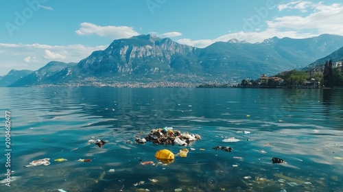 Floating trash accumulation in a polluted lake with mountainous reflection and bright lighting