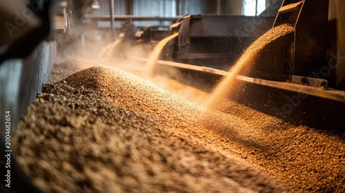Industrial grain processing with detailed close-ups of material flow under dynamic lighting