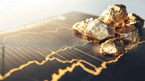 Gold investment performance charts and bullion with dramatic lighting