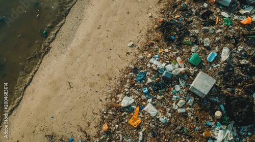Ocean plastic pollution pollutes a vibrant beach with scattered trash and debris under a clear sky