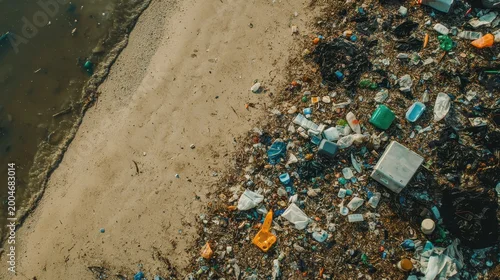 Fototapeta samoprzylepna Ocean plastic pollution pollutes a vibrant beach with scattered trash and debris under a clear sky