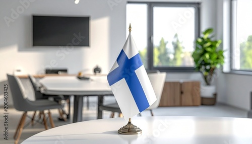 Small Finnish flag on conference table, blue Nordic cross, modern meeting room with chairs, natural light, professional diplomatic setting.
