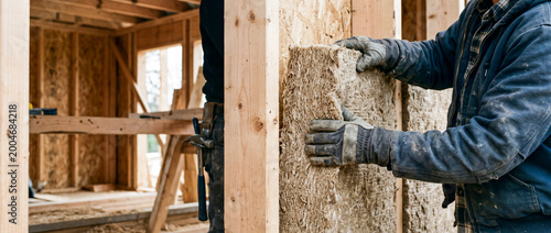 Close-up of a construction worker wearing gloves installing thermal insulation batts between wooden studs in a new home build.