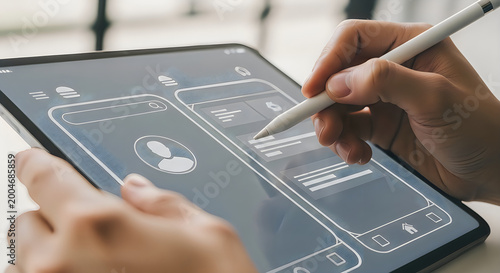 Closeup of a designers hands using a stylus to create a mobile app uiux wireframe on a tablet creative professional working on digital interface design and prototyping