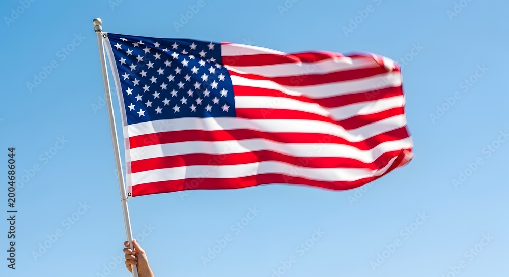 Fototapeta premium American flag waving in the breeze against a clear blue sky