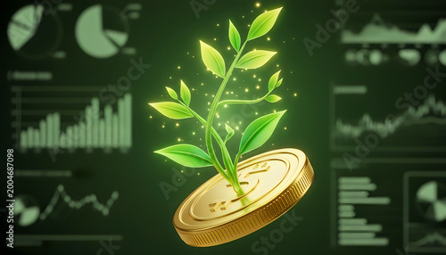 A golden coin with a small green plant growing out of it, symbolizing financial growth, sustainable investment, and green economy, set against a digital background with financial charts and data