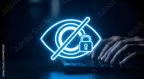 Cyber security and privacy concept, glowing neon eye icon with a padlock and a slash line over a person typing on a laptop keyboard in the dark