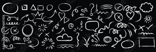 Hand-drawn chalk doodle set with arrows, shapes, symbols, and on a black background