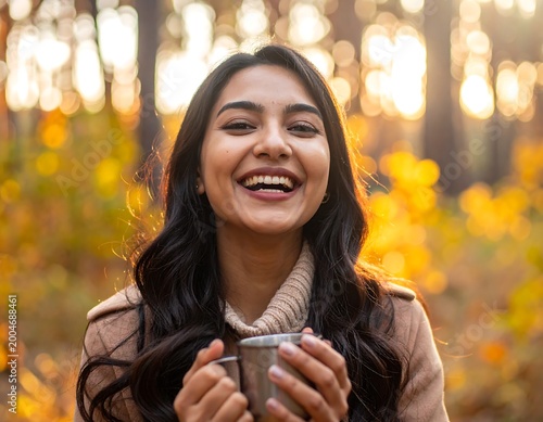 Joyful woman holds mug outdoors in autumn light