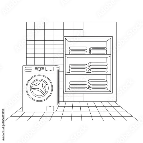 Laundry room with washing machine and folded towels