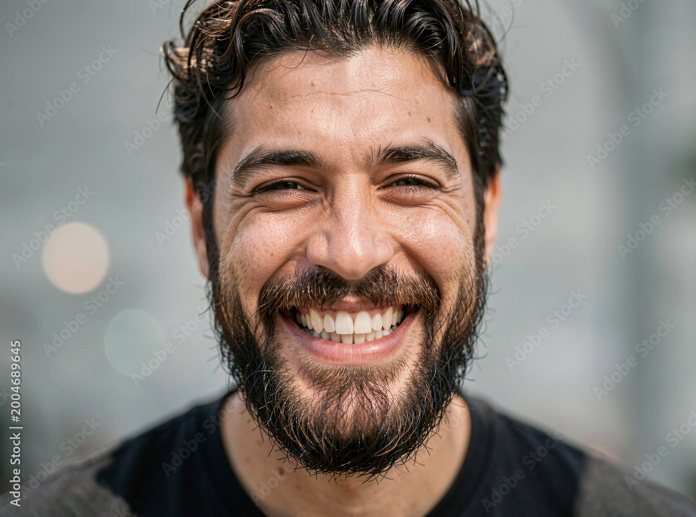 Fototapeta premium Happy man smiling with a beard and short hair. He appears to be in a good mood and enjoying life. Portrait style photo with clear focus on the subject's face.