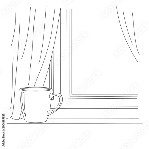 Coffee cup on a windowsill with curtains
