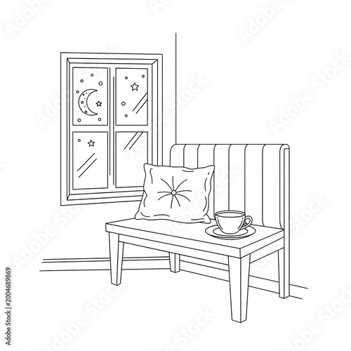 Cozy bench with cup and pillow by starry window