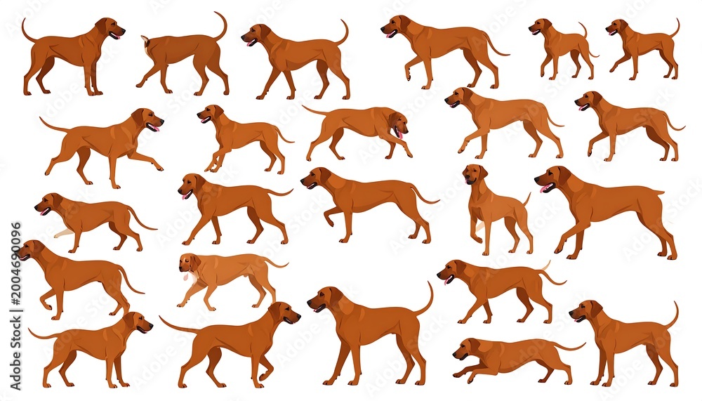 Obraz premium A grid showcases various gaits of a single breed of brown dog against a white backdrop, demonstrating movement