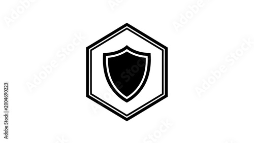 Canvas Print A black shield icon inside a hexagonal frame on a white background