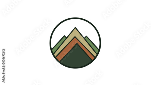 Stylized mountain peaks layered in earthy tones within a dark circle