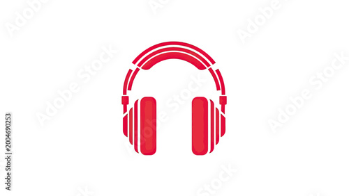 A minimalist red graphic of over-ear headphones on a white background