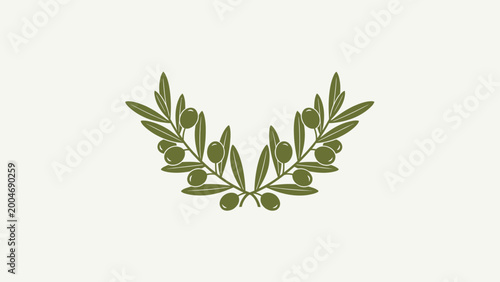 Stylized olive branches with fruit curve upward against a pale background
