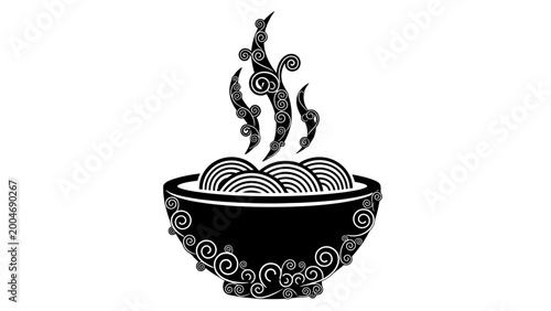 Black bowl of noodles with steam, decorated with swirls