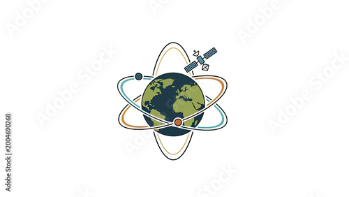 Stylized globe with orbiting celestial bodies and a satellite