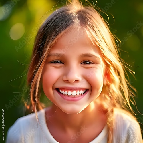 Joyful young girl's beaming face in sunlight