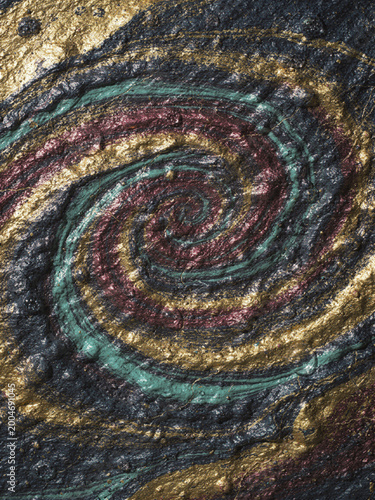 Abstract textured spiral pattern with metallic gold, teal, and burgundy paint on a dark rough surface