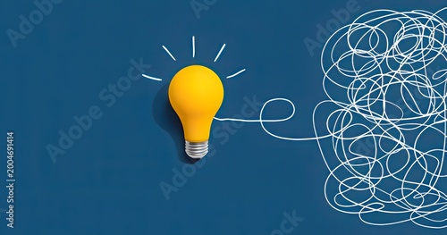 Yellow light bulb connected to a tangled line on a blue background representing a simple solution to a complex problem
