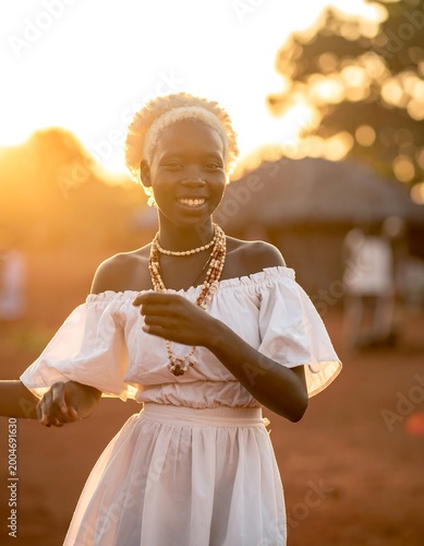 Joyful young person in traditional attire at sunset