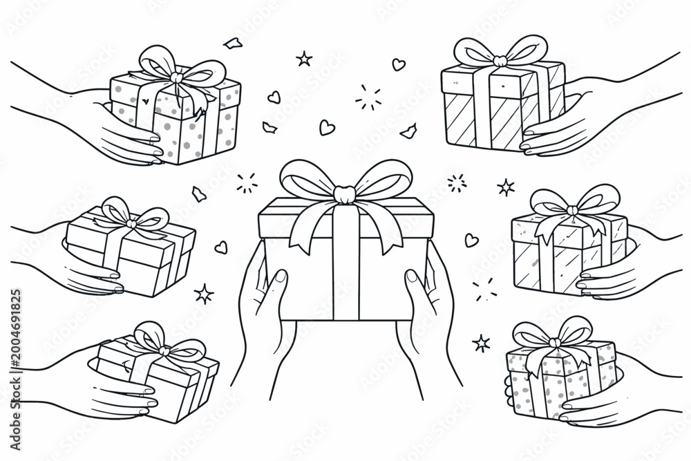 Naklejka premium Hand Drawn Outline Illustration of Multiple Hands Holding and Giving Wrapped Gift Boxes with Bows and Ribbons, Decorative Stars and Hearts for Birthday, Christmas, Anniversary, and Celebration.