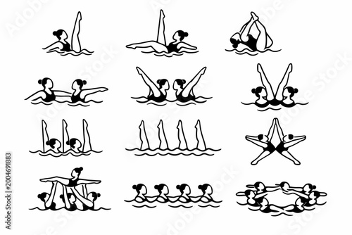Collection of synchronized swimming line art icons featuring athletes in solo, duet, and team formations. Minimalist vector illustrations of artistic swimmers performing aquatic choreography.