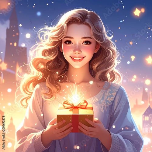 Joyful young woman holding a glowing gift box