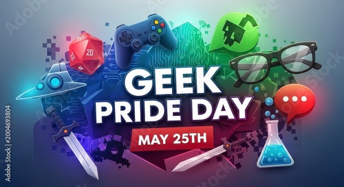 geek pride day celebration with futuristic tech and science elements on may 25th