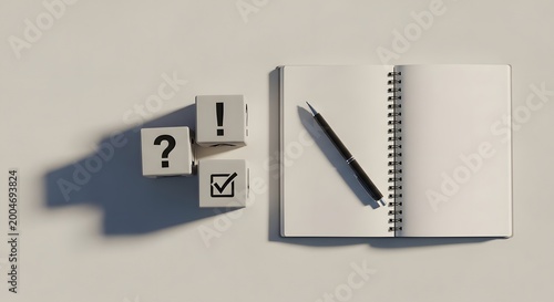 Spiral notebook with pen and question mark blocks on desk