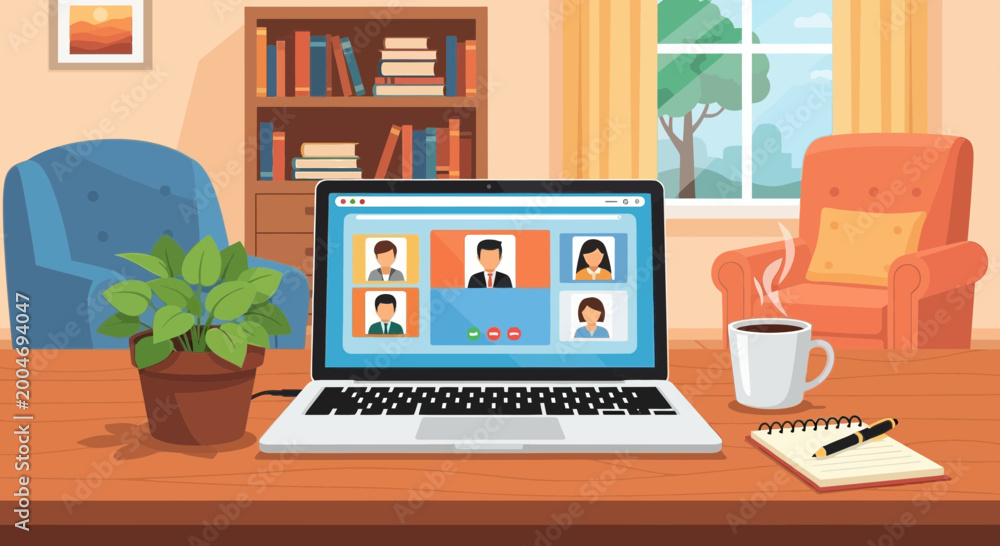 Obraz premium Online Meeting via Laptop in Cozy Home Office with Coffee and Plant