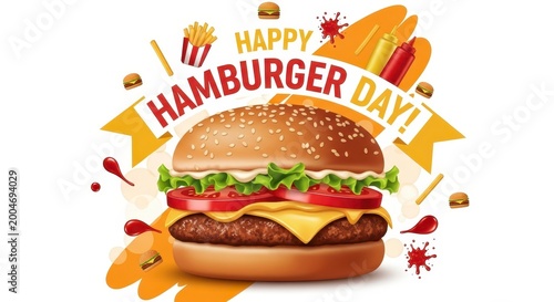 happy hamburger day celebration with juicy burger and festive elements on white background