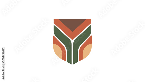 Abstract shield emblem with earthy colors, featuring vertical lines and curves