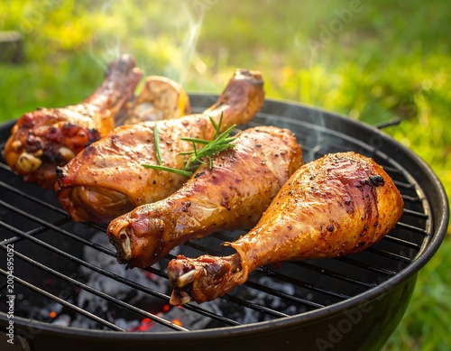 Juicy chicken drumsticks sizzling on outdoor grill