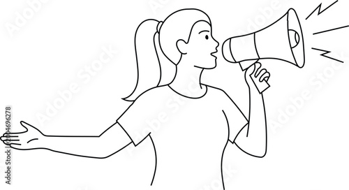 Woman with ponytail shouting into megaphone line art illustration design