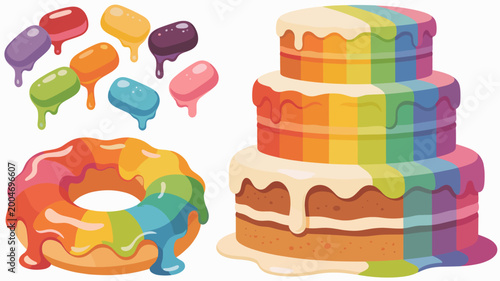 Foto A vibrant and playful image featuring glazed donuts and melting candy