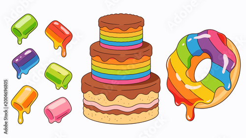 A playful image of melting candy blocks in vibrant colors. Perfect for illustrating sweetness, indulgence, or summertime treats in advertising or desi