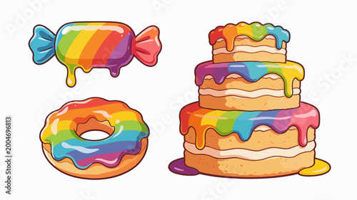 A vibrant illustration of a rainbow lollipop and a glazed donut. Perfect for conveying a sense of fun, sweetness, and cheerful indulgence, ideal for m