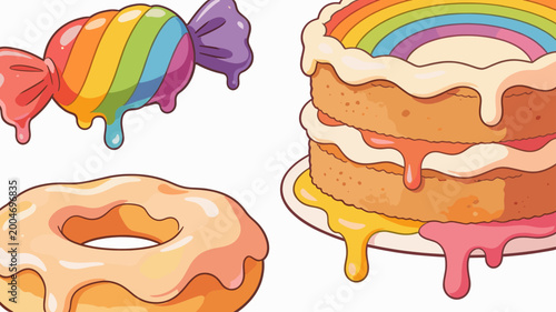 A whimsical illustration of colorful icing dripping onto a glazed donut. Perfect for sweet treat promotions, bakery advertising, or blog posts about i